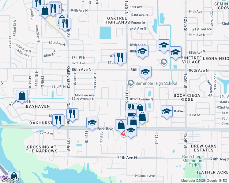 map of restaurants, bars, coffee shops, grocery stores, and more near 8275 132nd Street North in Seminole
