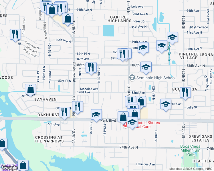 map of restaurants, bars, coffee shops, grocery stores, and more near 8225 Forest Circle in Seminole