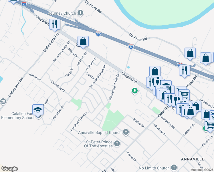 map of restaurants, bars, coffee shops, grocery stores, and more near 11648 Flatrock Crossing Circle in Corpus Christi