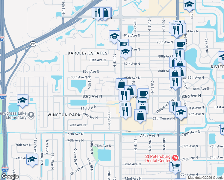 map of restaurants, bars, coffee shops, grocery stores, and more near 122 10th Street North in St. Petersburg