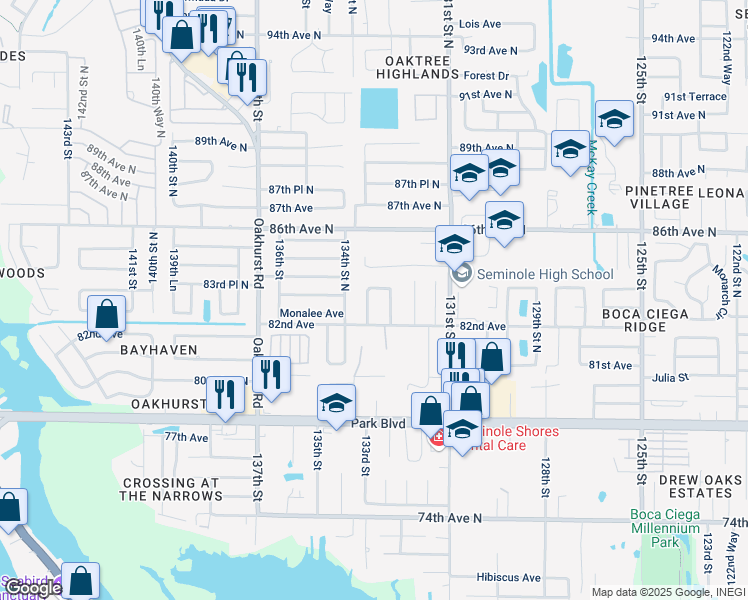 map of restaurants, bars, coffee shops, grocery stores, and more near 8225 Forest Circle in Seminole