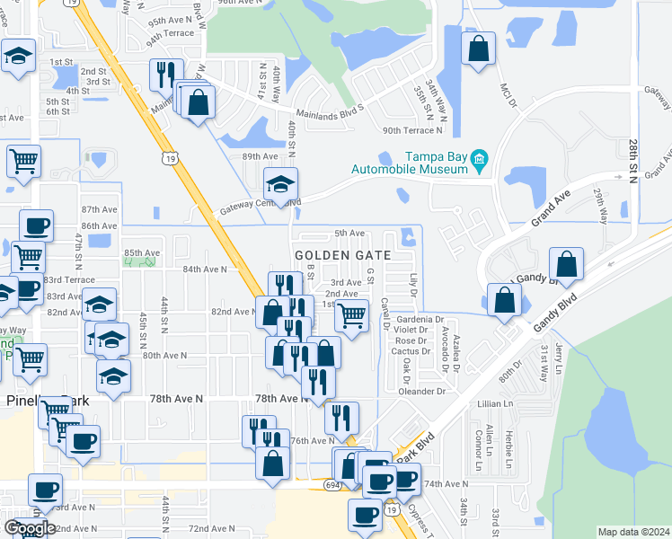map of restaurants, bars, coffee shops, grocery stores, and more near 82209 F Street in Pinellas Park