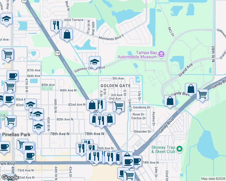 map of restaurants, bars, coffee shops, grocery stores, and more near 82146 4th Avenue in Pinellas Park
