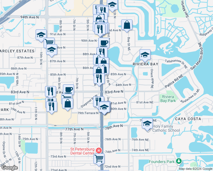 map of restaurants, bars, coffee shops, grocery stores, and more near 8438 3rd Street North in St. Petersburg