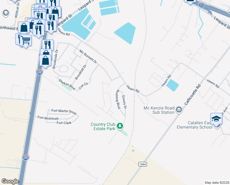 map of restaurants, bars, coffee shops, grocery stores, and more near 3701 Rushing Boulevard in Corpus Christi