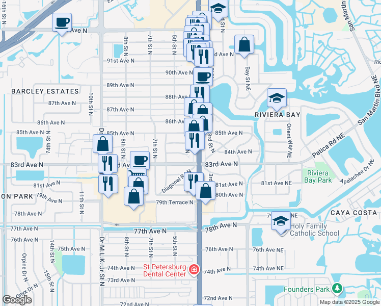 map of restaurants, bars, coffee shops, grocery stores, and more near 8401 5th Street North in St. Petersburg