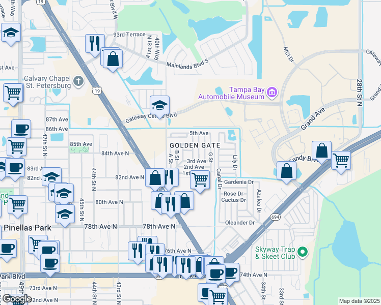 map of restaurants, bars, coffee shops, grocery stores, and more near 82146 4th Avenue in Pinellas Park