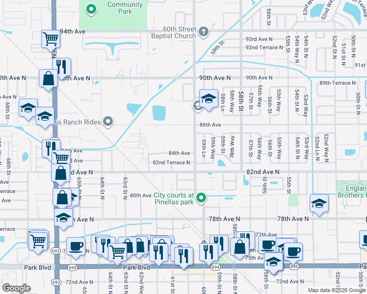 map of restaurants, bars, coffee shops, grocery stores, and more near 8484 60th Street in Pinellas Park