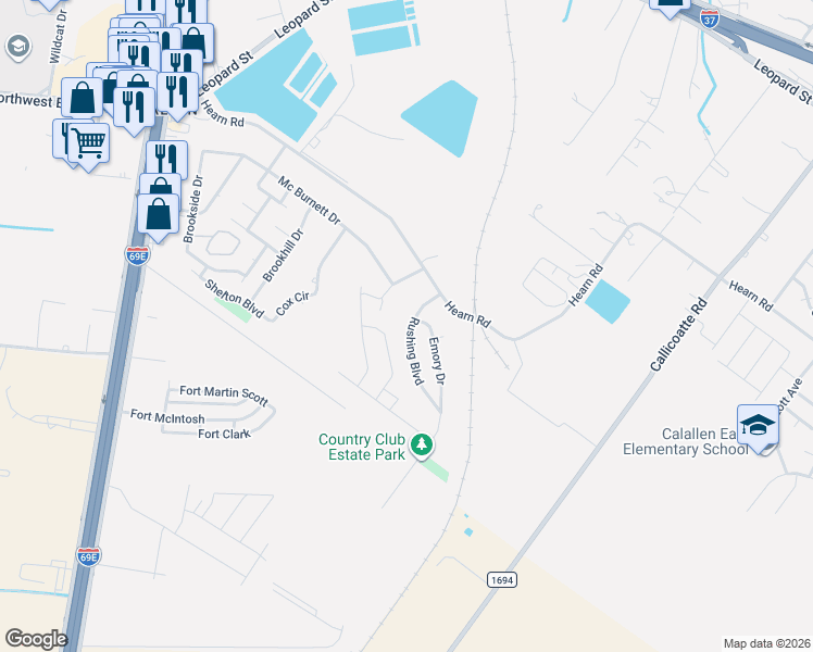 map of restaurants, bars, coffee shops, grocery stores, and more near 3701 Rushing Boulevard in Corpus Christi