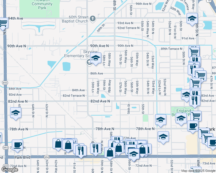 map of restaurants, bars, coffee shops, grocery stores, and more near 8404 58th Way North in Pinellas Park