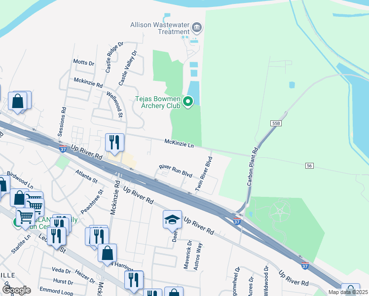 map of restaurants, bars, coffee shops, grocery stores, and more near 10342 River Run Boulevard in Corpus Christi