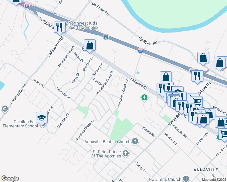 map of restaurants, bars, coffee shops, grocery stores, and more near 11648 Flatrock Crossing Circle in Corpus Christi