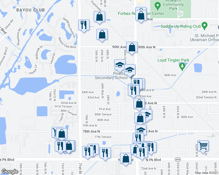 map of restaurants, bars, coffee shops, grocery stores, and more near 6805 Monte Carlo in Pinellas Park