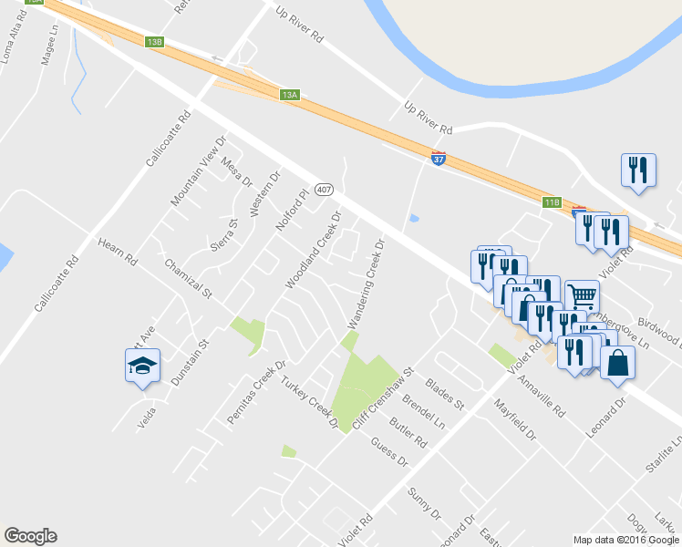 map of restaurants, bars, coffee shops, grocery stores, and more near 11648 Flatrock Crossing Circle in Corpus Christi