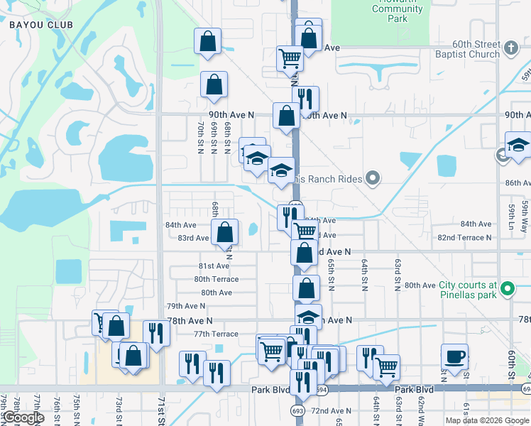 map of restaurants, bars, coffee shops, grocery stores, and more near 8418 66th Way North in Pinellas Park