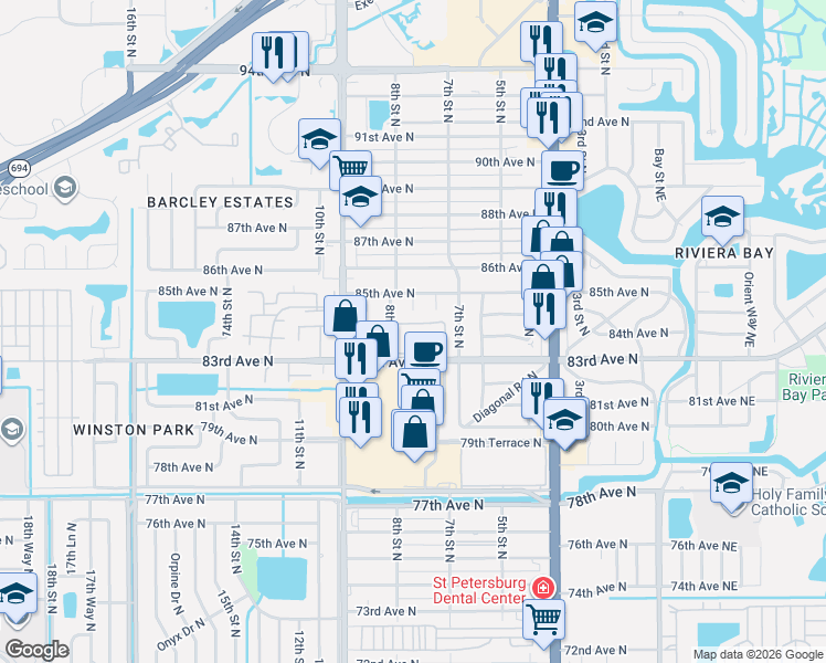 map of restaurants, bars, coffee shops, grocery stores, and more near 731 83rd Avenue North in St. Petersburg