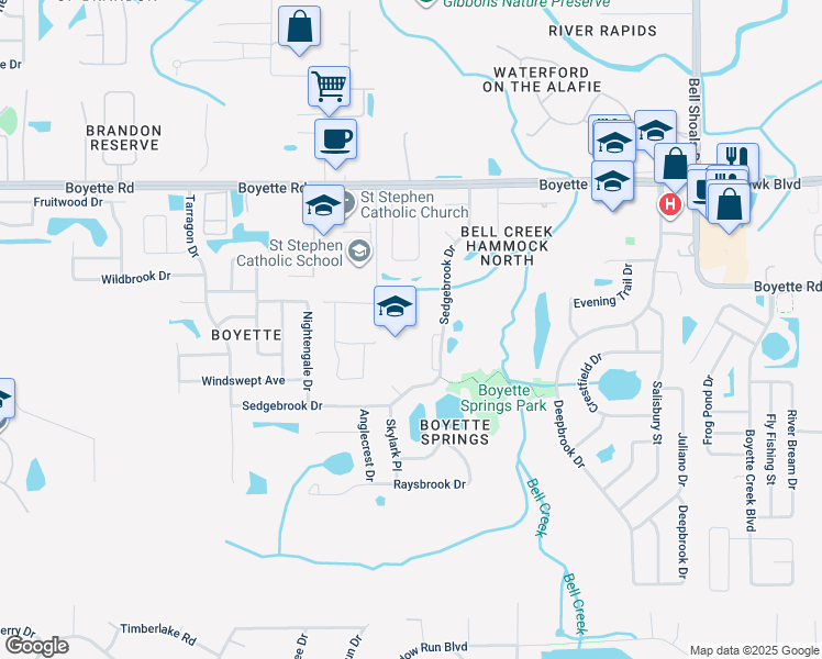 map of restaurants, bars, coffee shops, grocery stores, and more near 10141 Sedgebrook Drive in Riverview