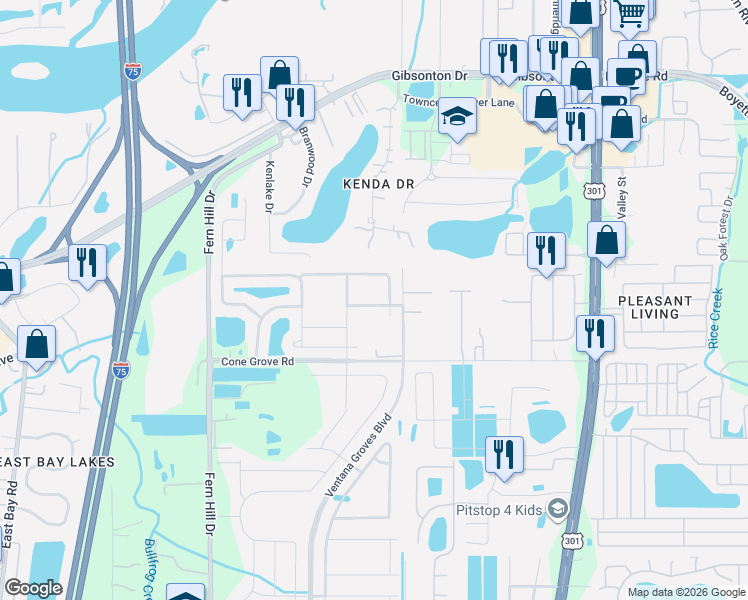 map of restaurants, bars, coffee shops, grocery stores, and more near 10239 Strawberry Tetra Drive in Riverview