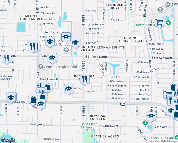 map of restaurants, bars, coffee shops, grocery stores, and more near 12468 Empire Drive in Seminole