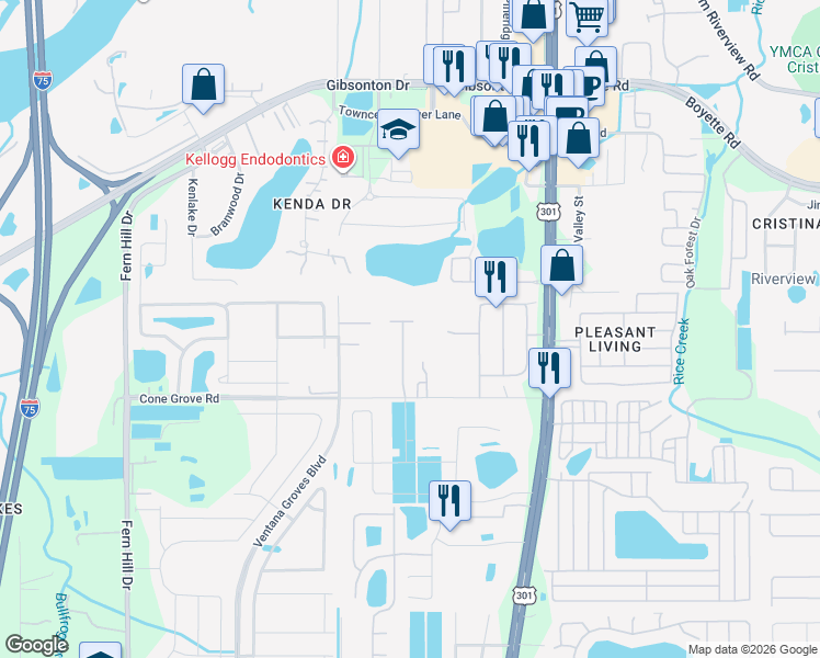 map of restaurants, bars, coffee shops, grocery stores, and more near 10404 Virginia Pine Court in Riverview