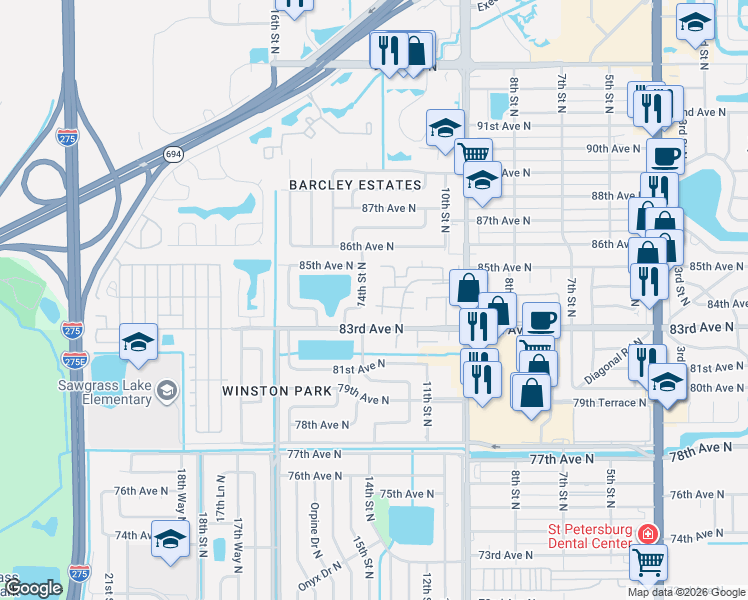 map of restaurants, bars, coffee shops, grocery stores, and more near 8440 14th Street North in St. Petersburg