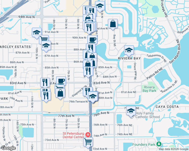 map of restaurants, bars, coffee shops, grocery stores, and more near 8438 3rd Street North in St. Petersburg