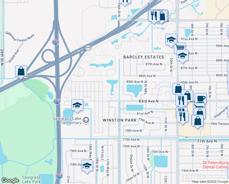 map of restaurants, bars, coffee shops, grocery stores, and more near 8414 17th Street North in St. Petersburg