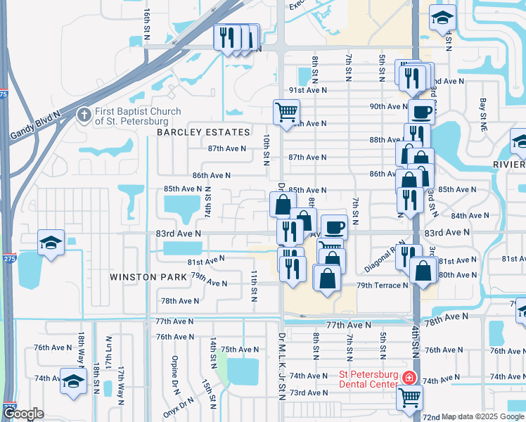 map of restaurants, bars, coffee shops, grocery stores, and more near 122 10th Street North in St. Petersburg