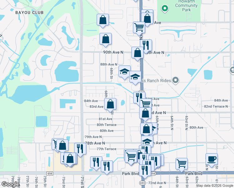 map of restaurants, bars, coffee shops, grocery stores, and more near 6805 Monte Carlo in Pinellas Park