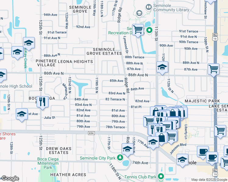 map of restaurants, bars, coffee shops, grocery stores, and more near 11726 84th Avenue in Seminole