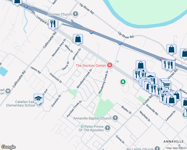 map of restaurants, bars, coffee shops, grocery stores, and more near 11655 Flatrock Crossing Circle in Corpus Christi