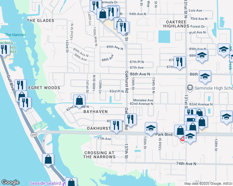 map of restaurants, bars, coffee shops, grocery stores, and more near 8345 138th Street in Seminole