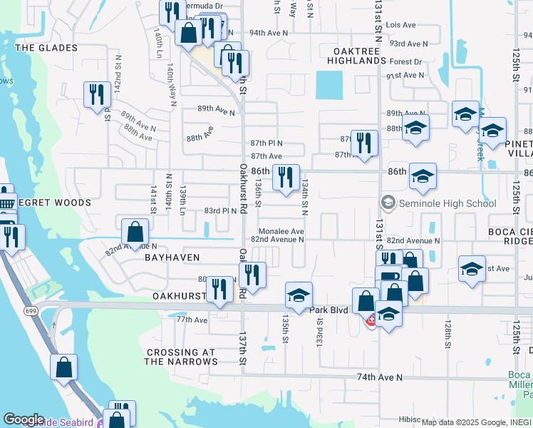map of restaurants, bars, coffee shops, grocery stores, and more near 13581 Alpine Avenue in Seminole