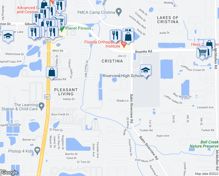 map of restaurants, bars, coffee shops, grocery stores, and more near 10407 Tree Skylark Place in Riverview