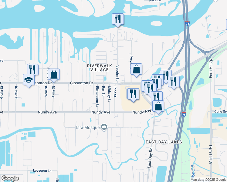 map of restaurants, bars, coffee shops, grocery stores, and more near 10108 Midway Street in Gibsonton