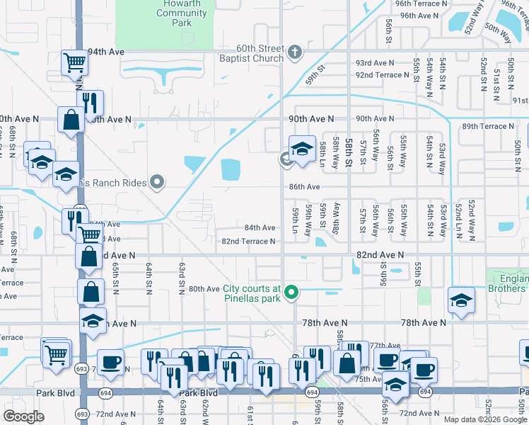 map of restaurants, bars, coffee shops, grocery stores, and more near 8484 60th Street in Pinellas Park