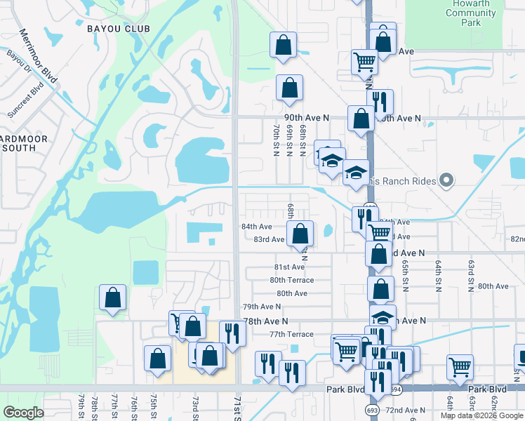 map of restaurants, bars, coffee shops, grocery stores, and more near 7015 Monte Carlo in Pinellas Park