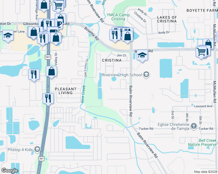 map of restaurants, bars, coffee shops, grocery stores, and more near 10407 Tree Skylark Place in Riverview