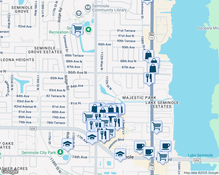 map of restaurants, bars, coffee shops, grocery stores, and more near 8350 112th Street North in Seminole