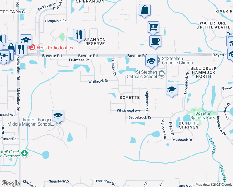 map of restaurants, bars, coffee shops, grocery stores, and more near 10205 Tarragon Drive in Riverview