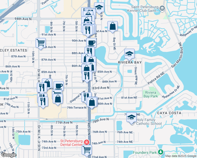 map of restaurants, bars, coffee shops, grocery stores, and more near 8408 Diagonal Road North in Saint Petersburg