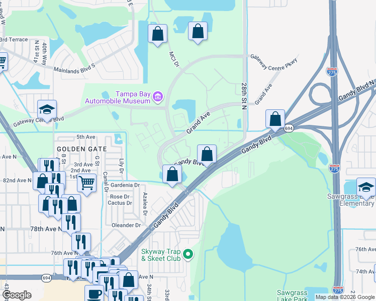map of restaurants, bars, coffee shops, grocery stores, and more near 3110 Grand Avenue in Pinellas Park