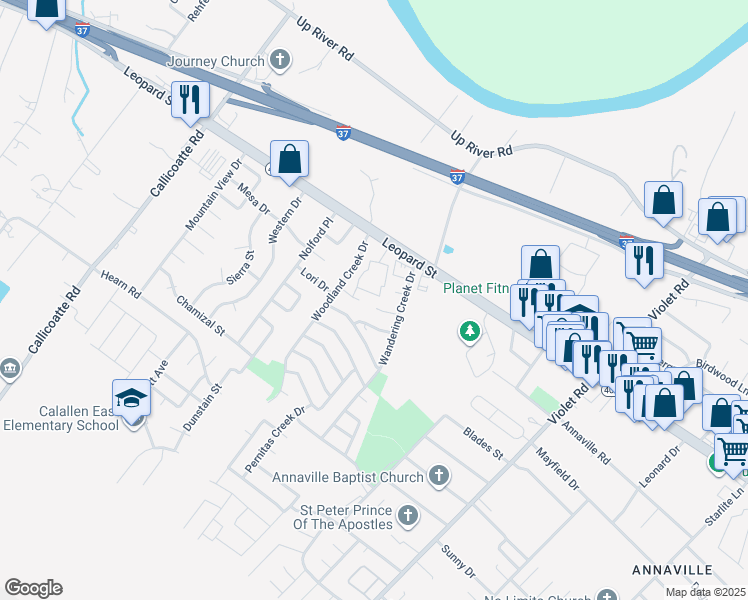 map of restaurants, bars, coffee shops, grocery stores, and more near 11648 Flatrock Crossing Circle in Corpus Christi