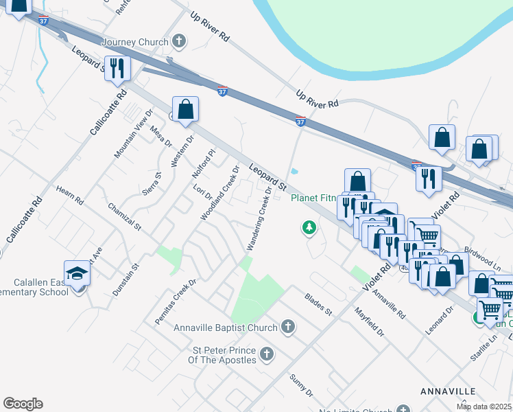 map of restaurants, bars, coffee shops, grocery stores, and more near 4334 Wandering Creek Drive in Corpus Christi