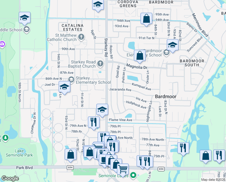 map of restaurants, bars, coffee shops, grocery stores, and more near 8420 Quail Road in Seminole