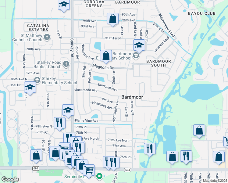map of restaurants, bars, coffee shops, grocery stores, and more near 8484 Kumquat Avenue in Seminole