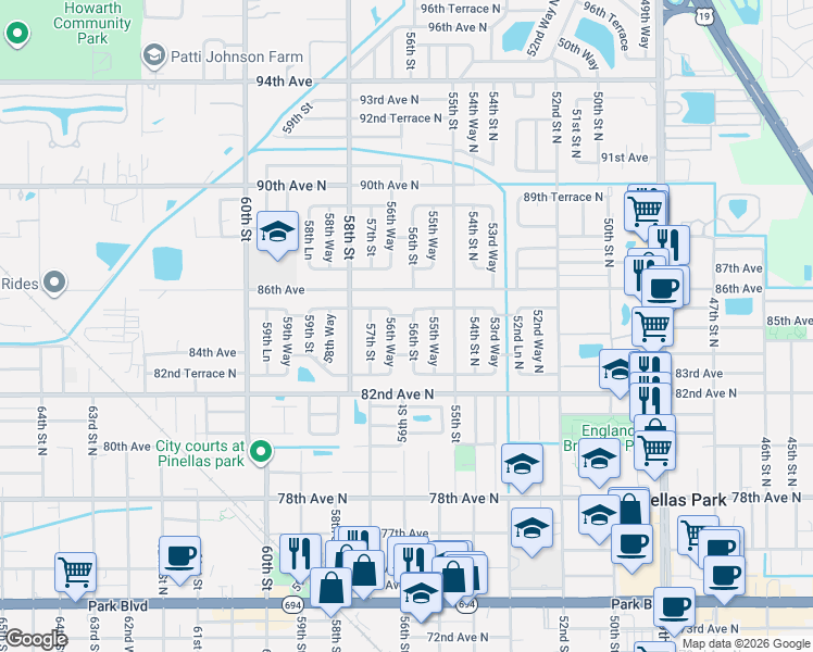map of restaurants, bars, coffee shops, grocery stores, and more near 8470 56th Street in Pinellas Park