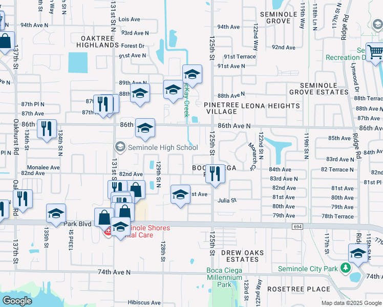 map of restaurants, bars, coffee shops, grocery stores, and more near 12633 83rd Avenue North in Seminole