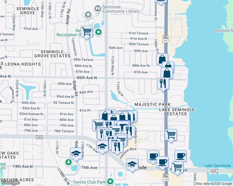 map of restaurants, bars, coffee shops, grocery stores, and more near 8350 112th Street North in Seminole