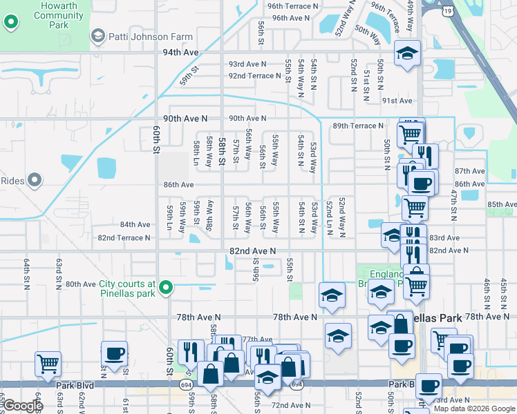 map of restaurants, bars, coffee shops, grocery stores, and more near 8470 56th Street in Pinellas Park